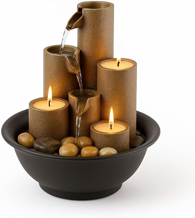Alpine Corporation WCT202 Indoor Tabletop Tiered Water Fountain Featuring 3 Candles for Desktop and Table, 11", Brown