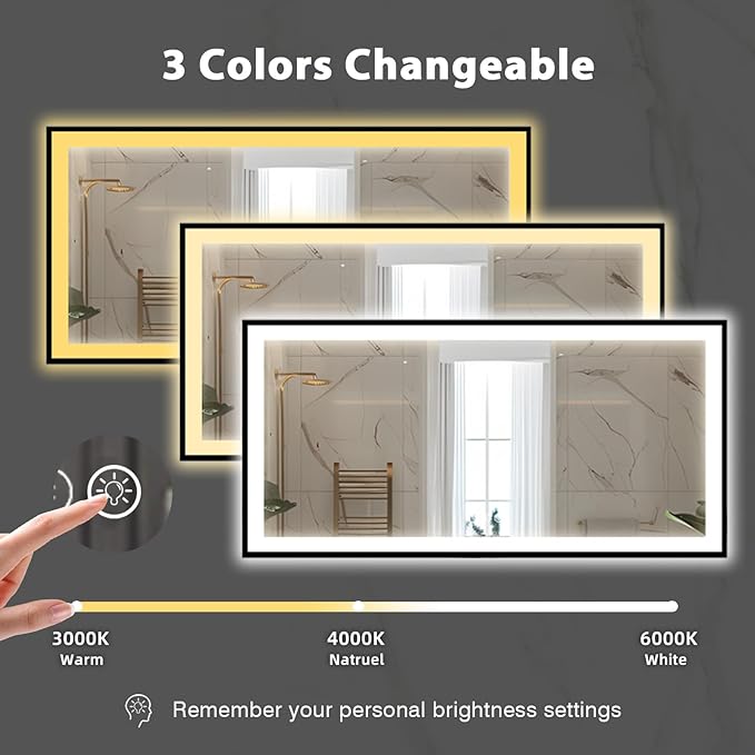 60x28 Bathroom LED Mirror, Black Aluminum Edge Lighted Mirror, 3 Colors Stepless Dimmable Vanity Mirror, Skincare, Anti-Fog, Shatter-Proof, ETL Listed, Memory Smart Mirror(Horizontal/Vertical)