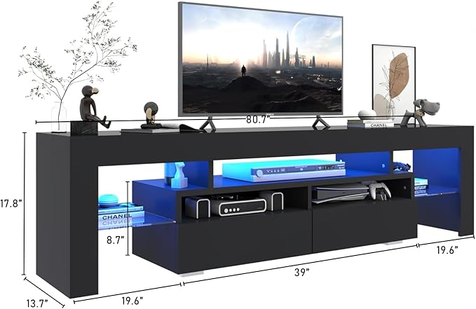 TV Stand with 16 Color LED Lights, Media Console with Drawer and Glass Open Shelf for 75/85/90 inch TV, Modern Gloss Entertainment Center for Living Room Bedroom, Black