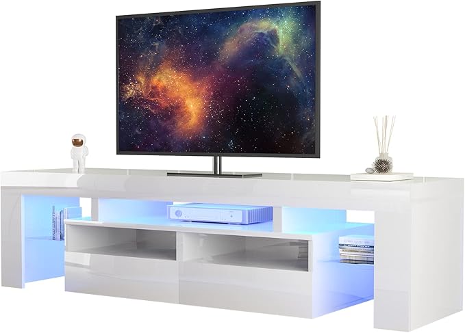 St.Mandyu LED TV Stand for 60/65/70 inch TV, High Glossy Modern Entertainment Center with Drawer and Led Lights, Television Table Center Media Console for Living Game Room Bedroom, White