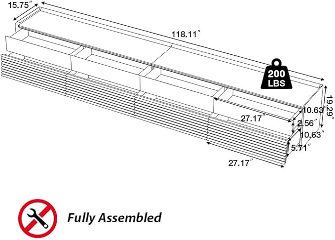 POVISON Fully-Assembled Mid Century Glossy Sintered Stone TV Stand, 118.11" Wood Media Console with Adjustable LED Light, Entertainment Center with Storage for Living Room(Walnut)