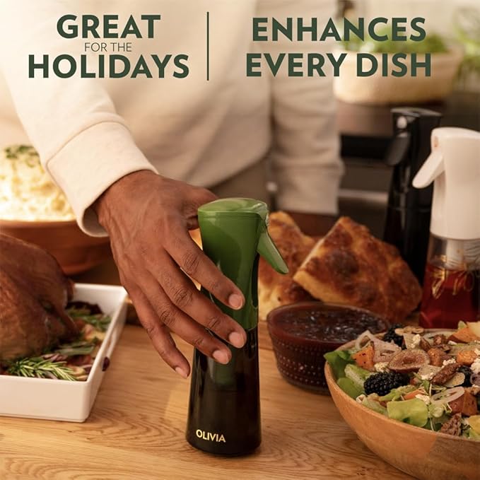FLAIROSOL OLIVIA Oil Sprayer for Cooking, 200ml Glass Olive Oil Sprayer, Continuous Cooking Spray with Portion Control, Oil Dispenser for Kitchen, Air Fryer, Salad, BBQ (Green Bottle, Gold Print)