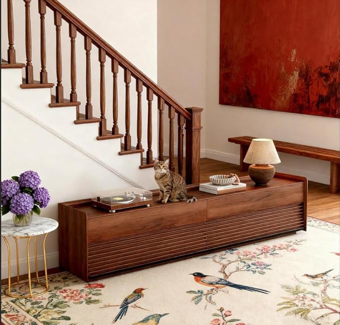 POVISON Fully-Assembled Mid Century Modern TV Stand, 94.49" Wood Media Console with Adjustable LED Light, Entertainment Center with Storage for Living Room