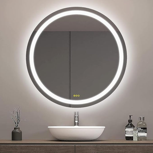 OKISS Round Bathroom Mirror with Lights 24 Inch 3000K/4500K/6400K Wall Vanity Mirror with Anti-Fog Round Led Mirror 3 Color, Dimmable, Memory Smart Touch Button