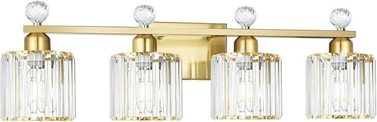 Modern Crystal Bathroom Vanity Light, 4-Lights Bathroom Light Fixtures, Brass Gold Vanity Lighting Fixtures Over Mirror, Brushed Wall Sconce Light for Bedroom, Kitchen, Living Room, Gallery, E26 Base