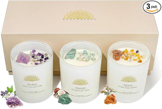 Healing Crystal Candles Gift Set for Women, 3 Pack Aromatherapy Soy Candles with Real Amethyst Amazonite Sunstone, Lavender Jasmine Coastal Breeze Scented Candles, Meditation Chakra Energy - 3.5oz