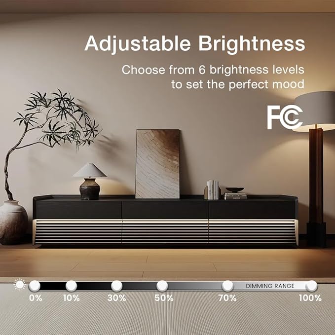 POVISON Fully-Assembled Mid Century Modern TV Stand, 94.49" Wood Media Console with Adjustable LED Light, Entertainment Center with Storage for Living Room(Black)