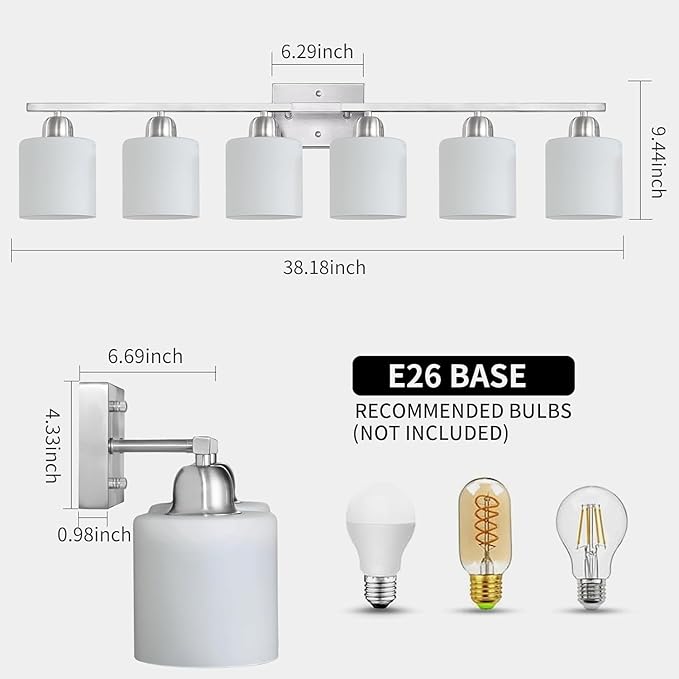 Brushed Nickel Vanity Light for Large Mirror, 6 Light Bathroom Lighting Fixtures Over Mirror with Milky White Frosted Glass Shades, 38 inch Bathroom Light for Mirrors, E26 Socket