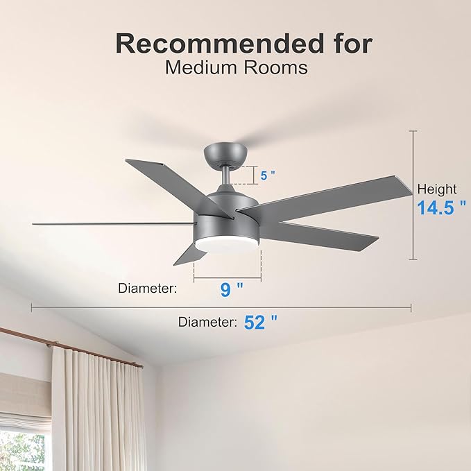52 inch Ceiling Fans with Lights and Remote Control Silver, Modern Ceiling Fan Dimmable 3 CCT Temperatures 6-Speed, Quiet LED Ceiling Fan for Bedroom, Living Room