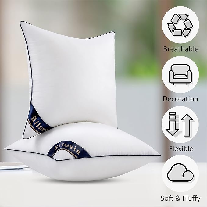 Siluvia 20"x20" Pillow Inserts Set of 2 Decorative Square Square Throw 20 Pillows with 100% Cotton Cover for Sofa, Couch, and Bed - White