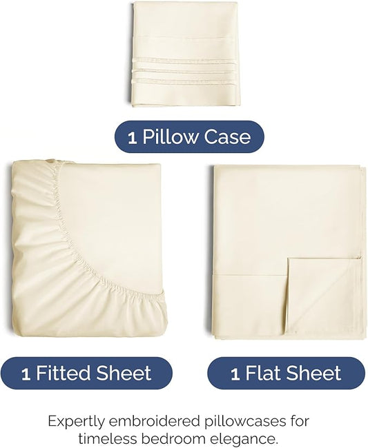 Twin Size 3 Piece Sheet Set - Comfy Breathable & Cooling Bed Sheets Set - Hotel Luxury Bedding for Women, Men, Kids, Teens, Boys & Girls - Deep Pockets, Ultra-Soft, Wrinkle Free - Oeko-Tex - Off White