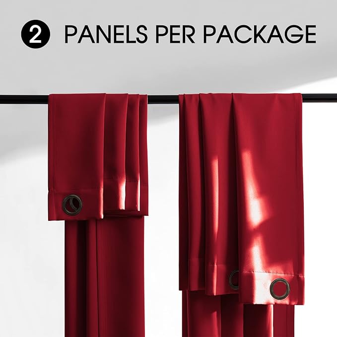 100% Blackout 340 GSM Curtain Panels , Heat and Full light Blocking Drapes with Grommets for Bedroom, Red Thermal Insulated Window Treatment Drapes for Living Room (Red, 2 Panels, 52 x 63 inch)