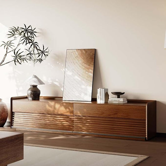 POVISON Fully-Assembled Mid Century TV Stand with Adjustable LED Lights, Wood Media Console with 4 Drawers for 75-inch TVs, Modern Entertainment Center with Storage for Living Room