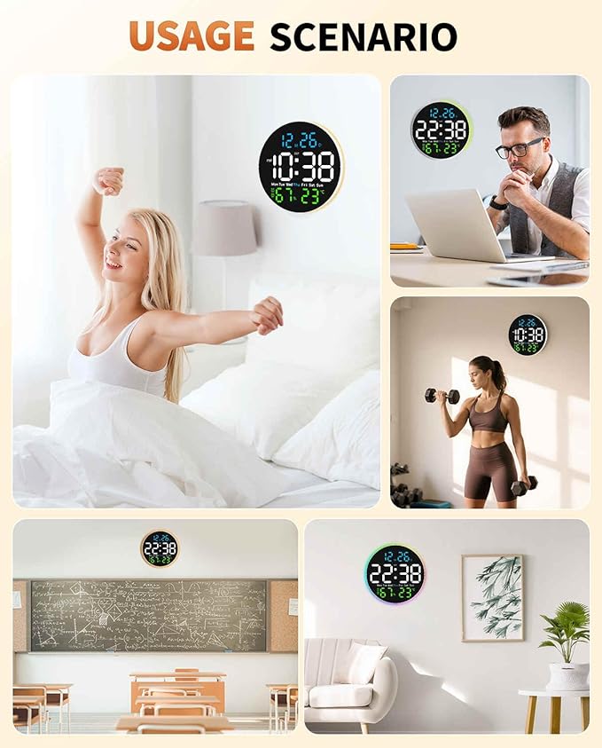 10 Inch Large Digital Wall Clock with 9 Color Changing Remote Control, Date Week Temperature, Auto Brightness Dimmer Clock Night Lights,Blue+Green