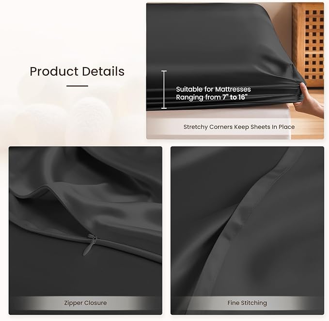 THXSILK Silk Sheet Set 4Pcs, 6A+ Top Grade 100% Pure Mulberry Silk Bed Sheets Ultra Soft Durable Luxury Bedding Sets Cooling, 1 Fitted Sheet, 1 Flat Sheet and 2 Pillowcases (Twin, Black)