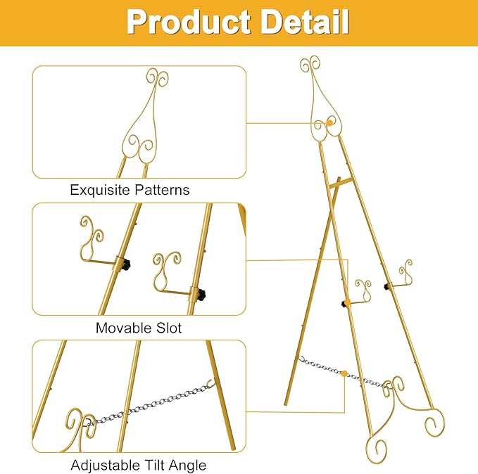 1 PC Easel Stand for Sign, Metal Poster Easel Holder, Adjustable Wedding Sign Stand with Chain Support for Display, Party Painting, Gold.