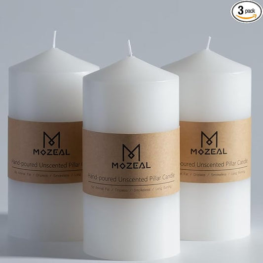 MOZEAL 3" x 6" Hand-Poured Unscented White Pillar Candles,Dripless Candles Set of 3,Long Lasting Burning,Approx 100 Hours Burn Time for Wedding,Dinner,Christmas and Home Decor