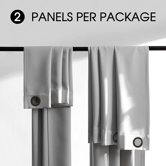 100% Blackout 330 GSM Curtain Panels , Heat and Full light Blocking Drapes with Grommets for Bedroom,Thermal Insulated Window Treatment Drapes for Living Room (Light Grey, 2 Panels,52 x 63inch)