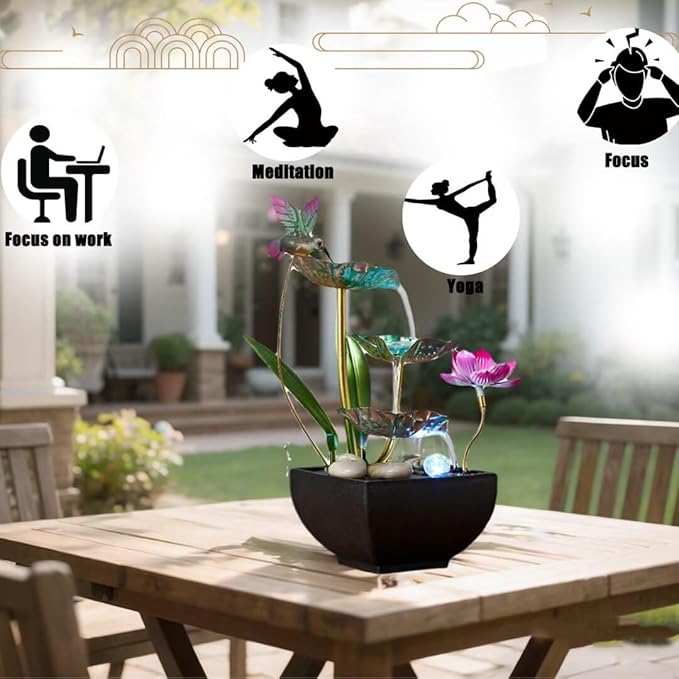 Tabletop Fountain 3-Tiers Leaf: Small Indoor Waterfall Fountains with Rocks - Lotus Waterfall Fountain Zen Fountains Blue