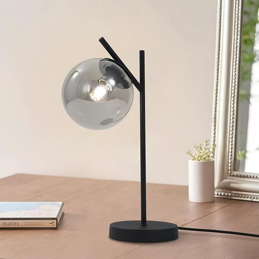 Black Table Lamp Vintage Metal Desk Lamp Modern Smoke Gray Glass Globe Nightstand Lamp Nordic Bedside Lamp for Living Room Bedroom Office