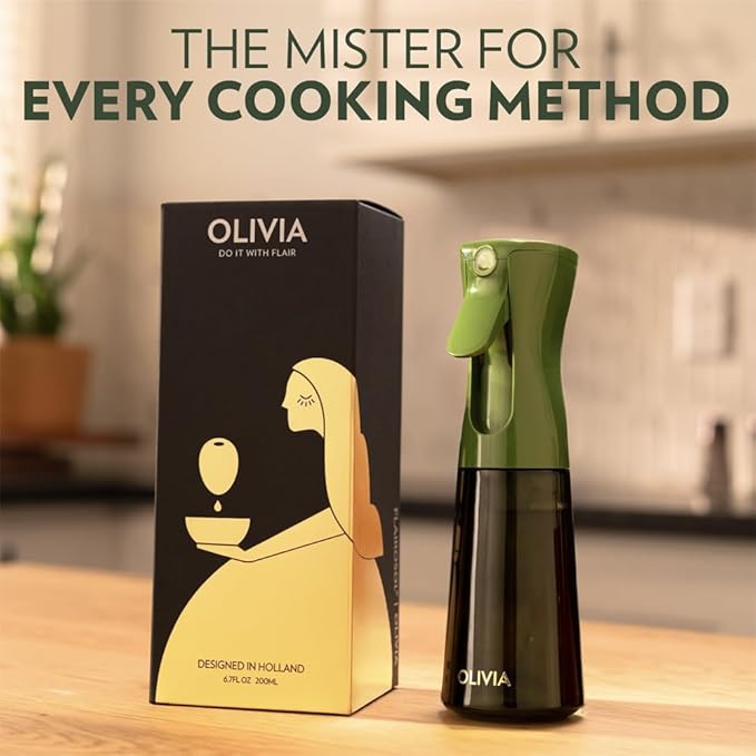 FLAIROSOL OLIVIA Oil Sprayer for Cooking, 200ml Glass Olive Oil Sprayer, Continuous Cooking Spray with Portion Control, Oil Dispenser for Kitchen, Air Fryer, Salad, BBQ (Green Bottle, Gold Print)