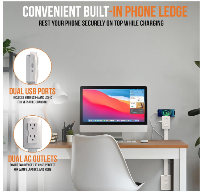 EZ Outlet Electrical Outlet Extender. Access Hard-to-Reach Outlets! Features USB-A, USB-C, and 2 AC Outlets, Extends 22"-34", Rotates 180°. Use Behind Couches, Nightstands, Desks, and More.