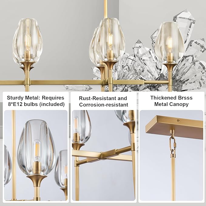 Crystal Chandelier, 52in Gold Tulip Rectangle K9 Crystal Chandelier, 8 Lights Brass Pendant Ceiling Light for Dining Living Room Bedroom Entryway, E12 Bulbs Included