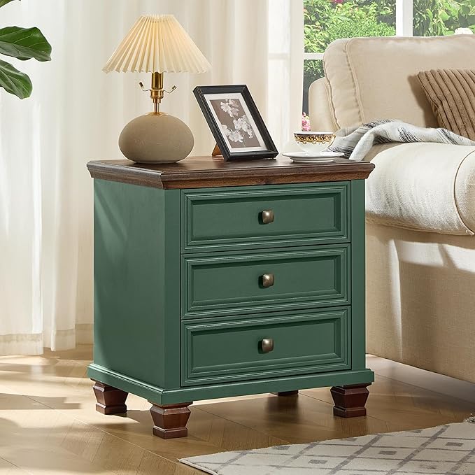 Farmhouse Nightstand with 3 Drawers, Rustic Couch End Table with 4 Square Solid Wood Legs, Mid-Century Vintage Bed Side Table with Storage, Small Dresser for Bedroom, Living Room, Green
