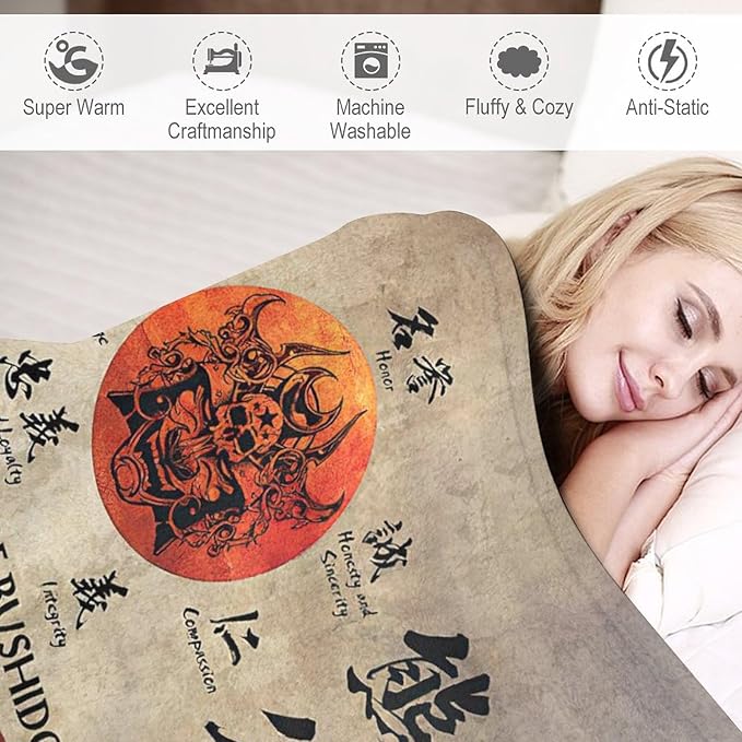 Samurai Warrior Blanket Japanese Samurai Throw Blanket Samurai Gifts for Boys Men Warrior Blanket for Kids Adults Soft Warm Cozy Fleece Blanket for Couch Sofa Bed 50"x60"