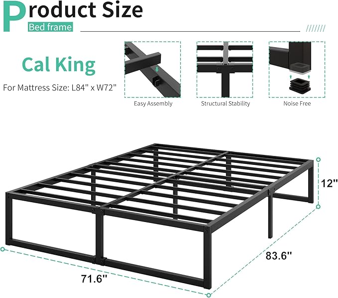 12 Inch California King Bed Frames No Box Spring Needed Heavy Duty Metal Cal King Platform for Mattress Foundation, Noise Free, Easy Assembly, Black