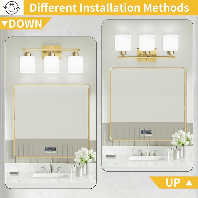 3 Light Gold Bathroom Light Fixtures, Modern Bathroom Vanity Lights with Milky White Frosted Glass Shades, Gold Vanity Mirror with Lights for Mirror Living Room E26 Base