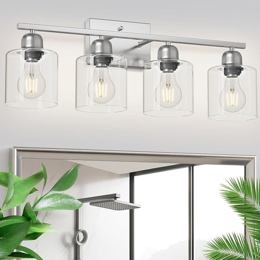 Modern Brushed Nickel 4 Light Bathroom Light Fixtures, 24 inch Vanity Lights for Bathroom with Clear Glass, Vanity Light for Mirror Kitchen Living Room Hallway Cabinet Porch