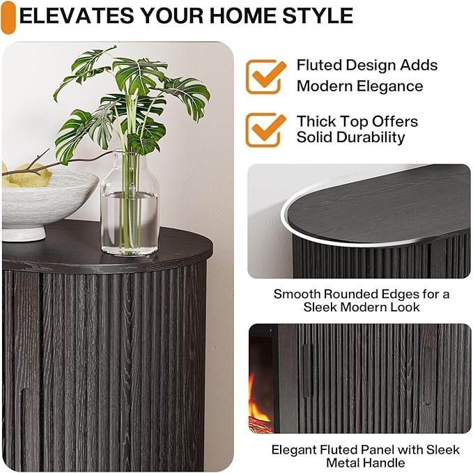 Fluted TV Stand with Fireplace, 60" Modern Fireplace TV Stand for Living Room, Entertainment Center with 18" Electric Fireplace, Curved Design Media Console Cabinet for Living Room (Black)