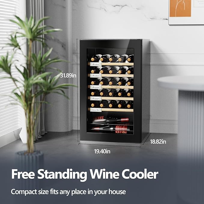 Wine Fridge, 33 Bottles Freestanding Wine Cooler, Intelligent Compressor, Frost Free, Glass Door, 41-64℉ Adjustable Digital Temperature Control, for Red, White, Champagne or Sparkling Wine