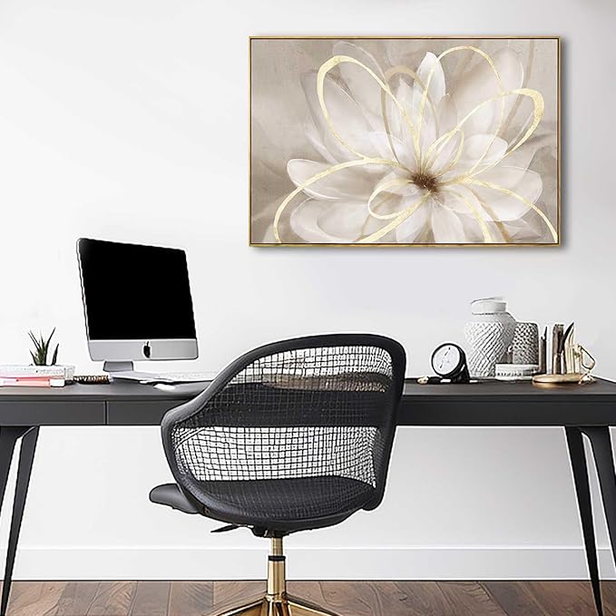 SOUGUAN White Flower Picture Gold Botanical Paintings for Wall Decorations Wall Art for Living Room Bedroom Office Home Decor 24"x36"
