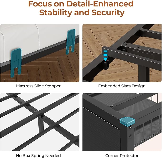 DICTAC Full Corner Bed Frame with Bookcase Storage and Led Lights Metal Platform Bed Frame Full Size with Storage Drawers & Charging Station Full Size Daybed for Teen/Adult,No Box Spring Needed,Black