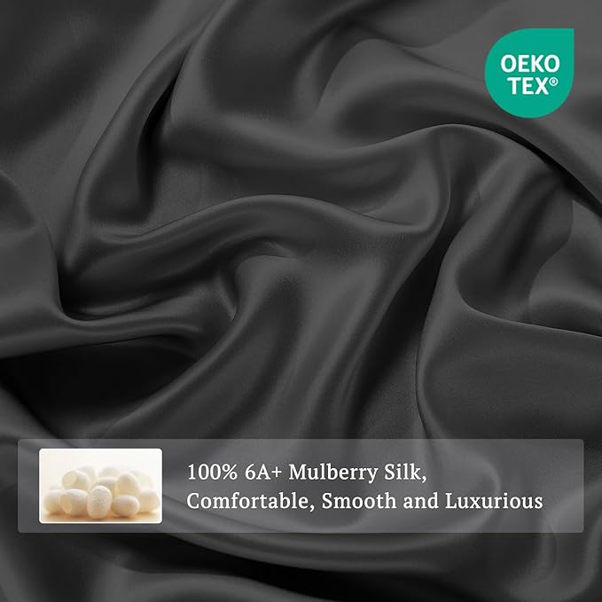 THXSILK Silk Sheet Set 4Pcs, 6A+ Top Grade 100% Pure Mulberry Silk Bed Sheets Ultra Soft Durable Luxury Bedding Sets Cooling, 1 Fitted Sheet, 1 Flat Sheet and 2 Pillowcases (Twin, Black)