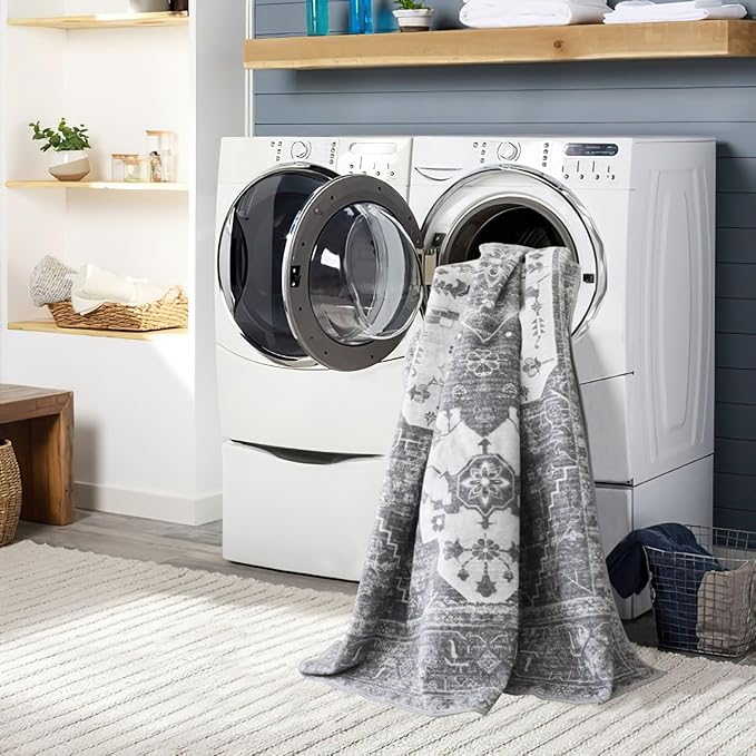 vivorug 4x6 Area Rugs, Stain Resistant Washable Rug for Living Room, Vintage-Inspired Grey Floral Rug