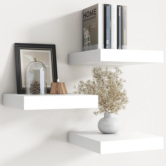 Floating Shelves for Wall with Invisible Brackets, Wall Mounted Engineered Wood Shelves with Wood Grain for Living Room, Bedroom, Bathroom, Kitchen Decor and Storage, Oak, 12"L Set of 3, White
