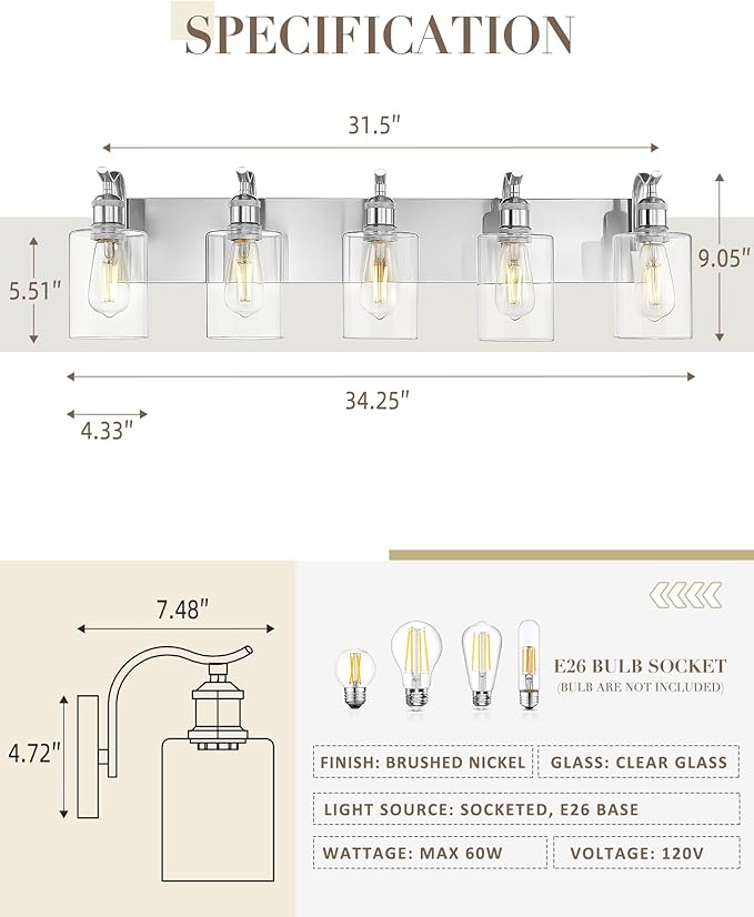 5 Light Bathroom Vanity Light, Brushed Nickel Vanity Lights for Morden Bathroom Lighting Fixtures Over Mirror Wall Light Fixtures with Clear Glass Shade ZCVL01BN-5