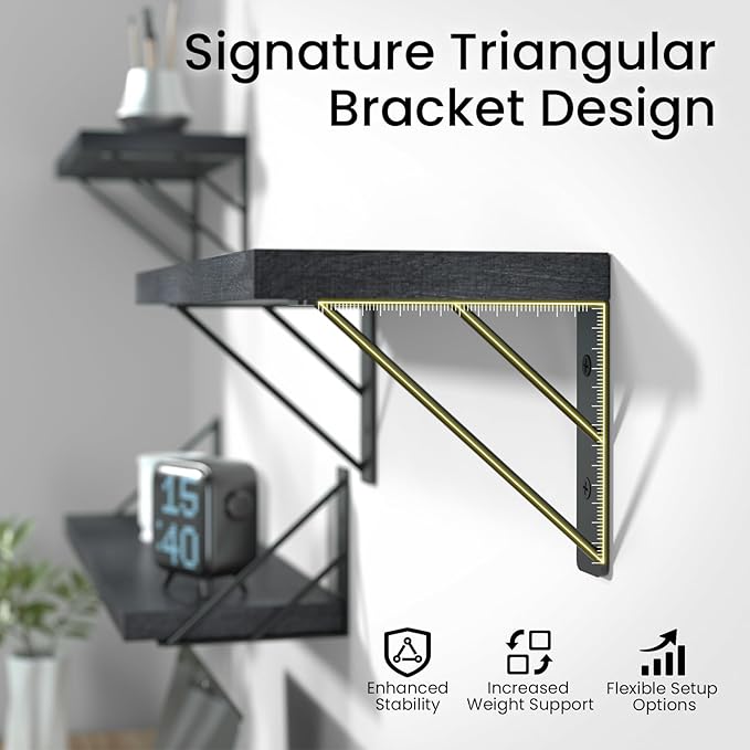 BAYKA Wall Mounted Floating Shelves, Wood Floating Wall Shelf for Books & Decor, Small Space-Saving Display & Organizer（Black，Set of 4）