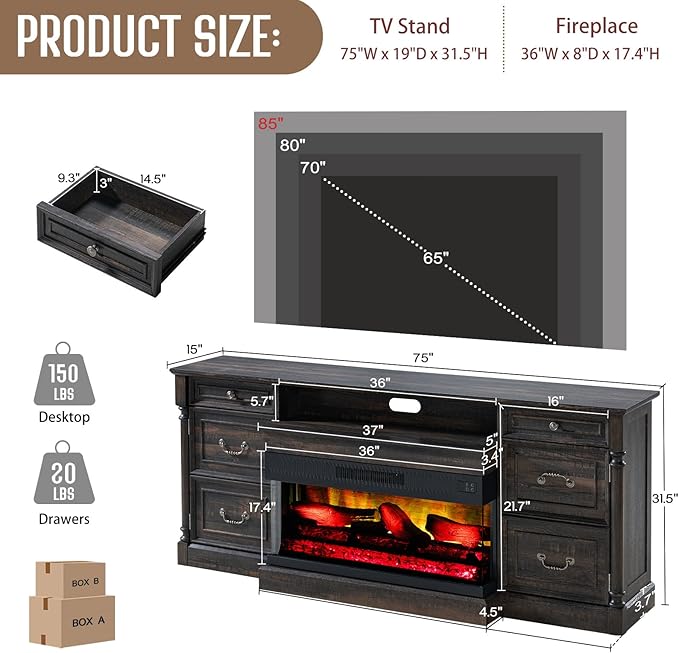 Farmhouse Fireplace TV Stand with 36 inch 3-Sided Glass Fireplace, 75 inch Large TV Console with Storage Cabinets and Drawers, Wood Entertainment Center for TVs up to 85 inch, Dark Oak