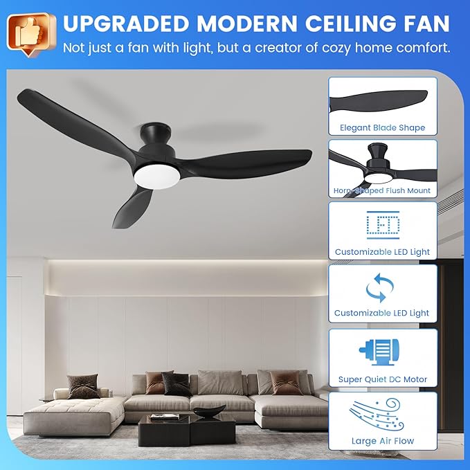 52" Ceiling Fan with Light and Remote, Flush Mount Ceiling Fan with 3 Blades, Low Profile Fan, 3 Color Dimmable Lights, 6 Speed, Queit DC Motor, Black Fan for Bedroom/Indoor/Outdoor/Living Room