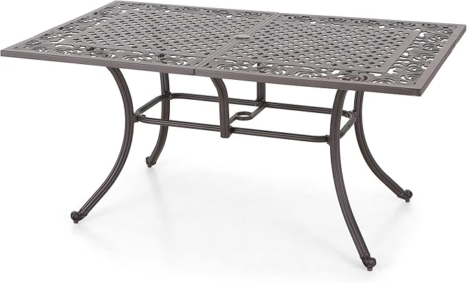 PHI VILLA 64" Outdoor Cast Aluminum Table for 6, Brown Rectangular Metal Dining Table with Umbrella Hole, All Weather Retro Patio Furniture for Outside Deck, Porch, Backyard