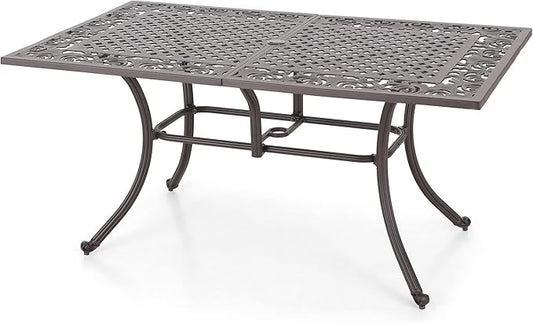 PHI VILLA 64" Outdoor Cast Aluminum Table for 6, Brown Rectangular Metal Dining Table with Umbrella Hole, All Weather Retro Patio Furniture for Outside Deck, Porch, Backyard