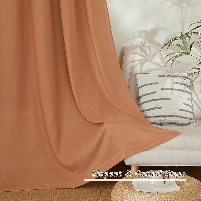 NICETOWN Burnt Orange Short Linen Curtains for Kitchen, Thick Flax Small Window Treatments Semi Sheer Privacy Assured with Light Through for Cafe/Bathroom, W42 x L48, 2 Panels