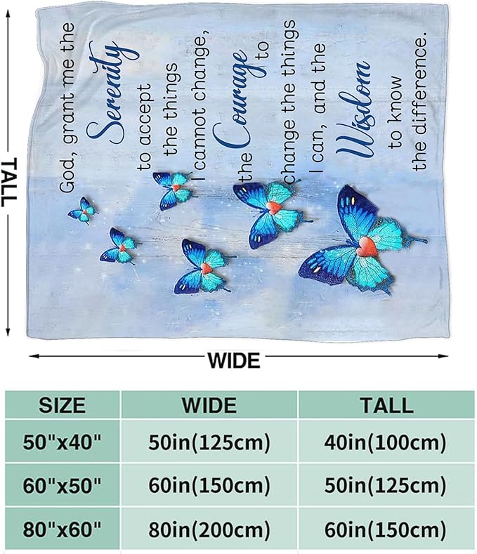 Tijuboni Christian Serenity Prayer Throw Blanket Blue Butterfly Gifts for Women Men Girls Boys Kids Adults Soft Flannel Fleece Blanket for Couch Sofa Bed Home Decor 60"x80"