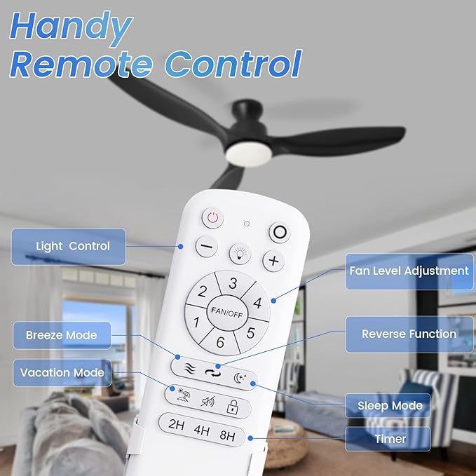 52" Ceiling Fan with Light and Remote, Flush Mount Ceiling Fan with 3 Blades, Low Profile Fan, 3 Color Dimmable Lights, 6 Speed, Queit DC Motor, Black Fan for Bedroom/Indoor/Outdoor/Living Room