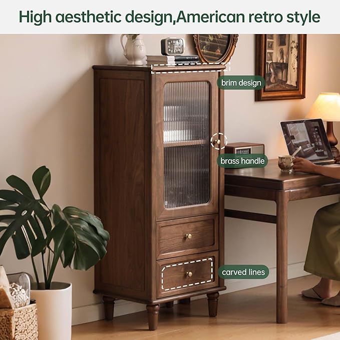 YESWOOD 78.74" L Solid Walnut Wood TV Stand & Side Cabinet, Mid Century Modern Media Console Entertainment Center Table with Storage, Living Room Cabinet with Glass Door & Adjustable Shelf & Drawers