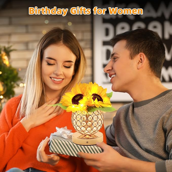 Birthday Gifts for Women,Sunflower Flower Touch Lamp,Rechargeable Cordless 3-Colour Dimming Night Light for Festival,Restaurant,Bedroom,Office Home Decor Gifts for Mom